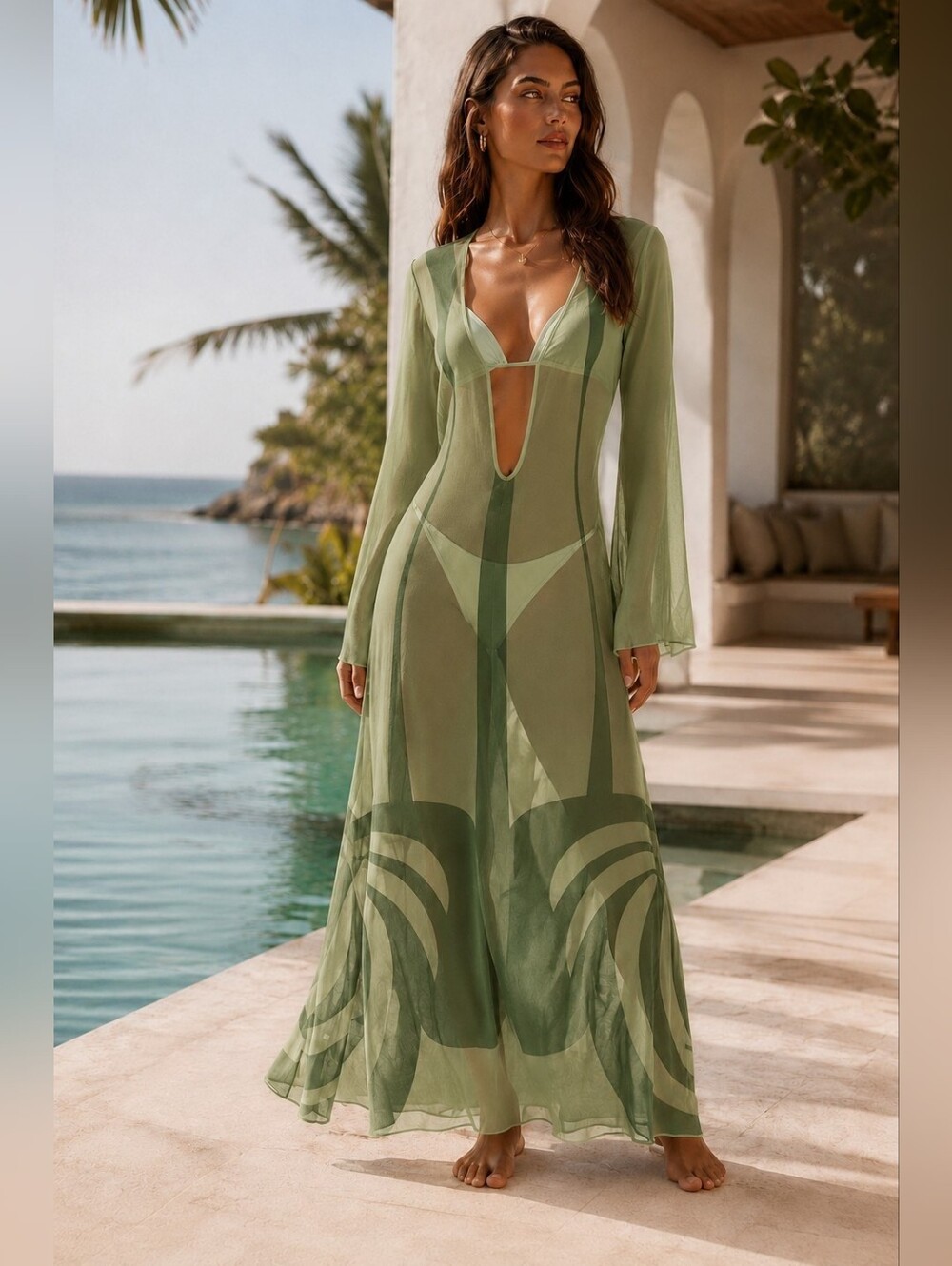 Caroline Constas Maxi Cover-Up Dress XS Zulina Green Sheer Mesh Long Sleeves NWT
